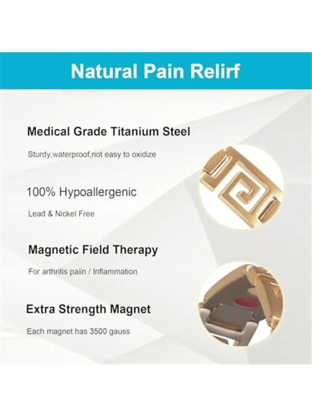 Magnetic Bracelet for Women Men, 9.44'' Unique Design Gold Titanium Steel